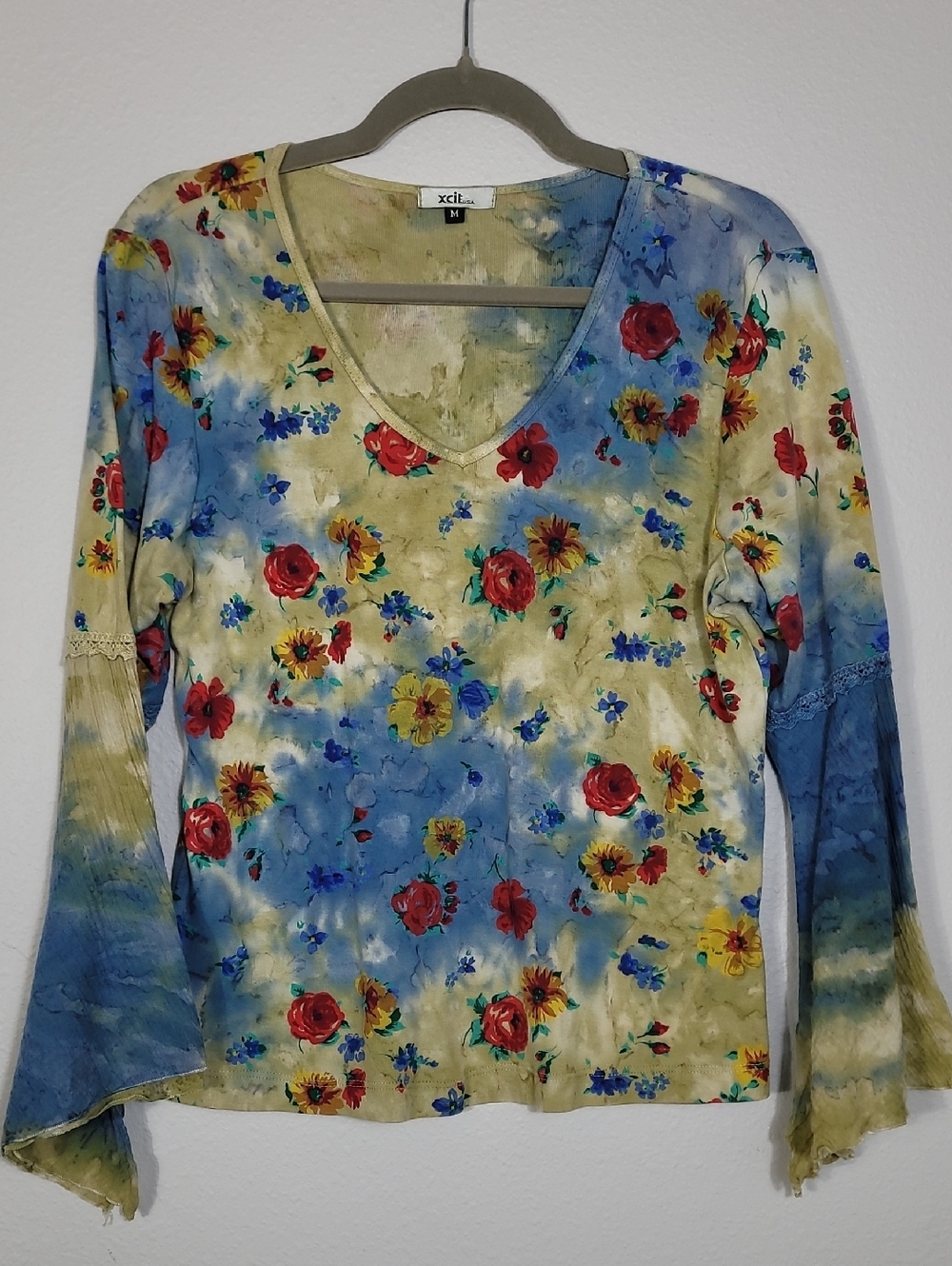 Vintage Xcit Floral Bell Sleeve Top Size Medium Y2K Fairycore Hippie Boho
